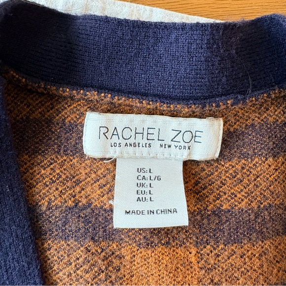 Rachel Zoe Navy Orange Plaid Cardigan knit sweater size large L preppy academia - Picture 2 of 5